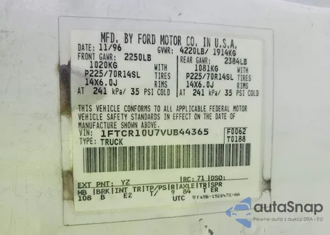 1997 Ford Ranger Splash/Xl/Xlt from USA, damaged, VIN 1FTCR10U7VUB44365